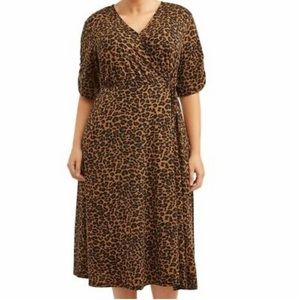 Midi Faux Wrap Dress Leopard Print